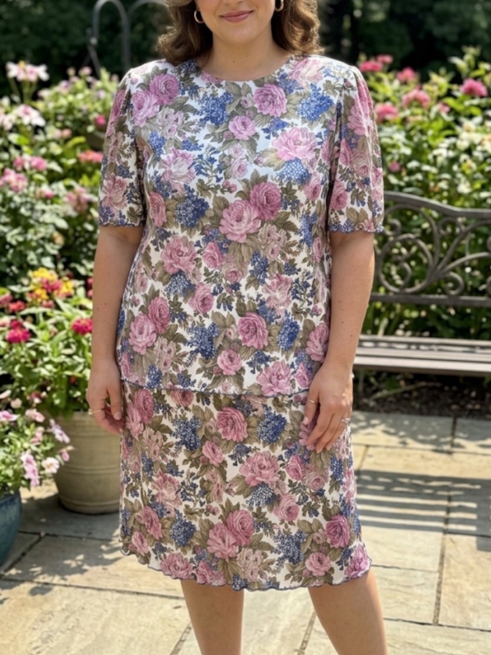 Vintage Good Times Pink Rose Floral Layered Midi Dress Plus Size 18 USA